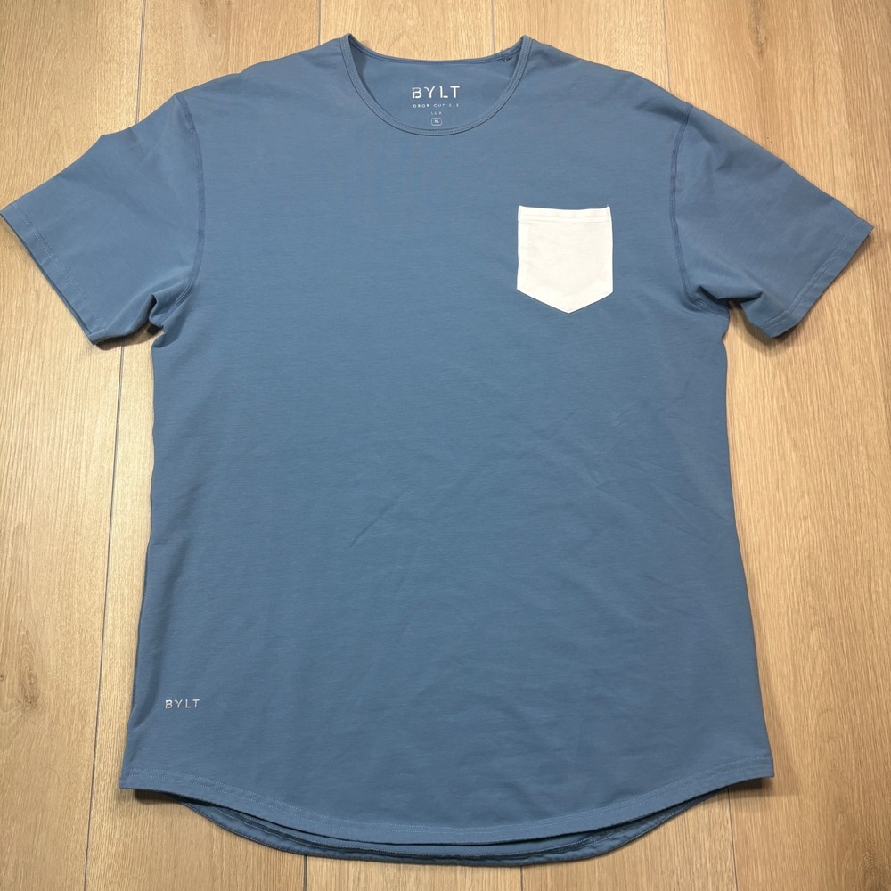 BYLT Basics Drop Cut SS Lux T-Shirt XL Blue White Pocket Curved Hem Mens READ